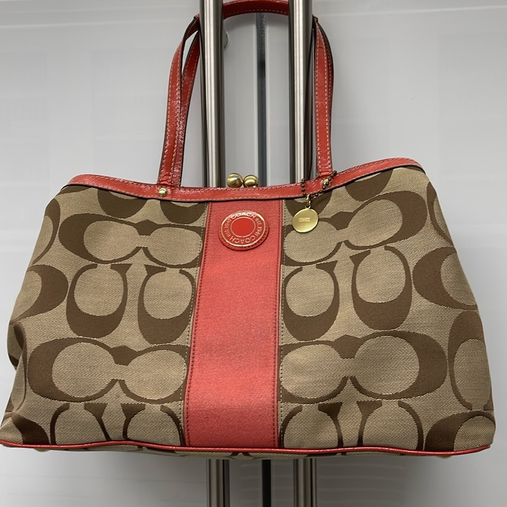 Coach KISSLOCK Very Pretty Orange & Coated Canvas Signature Stripe Handbag - Picture 1 of 7